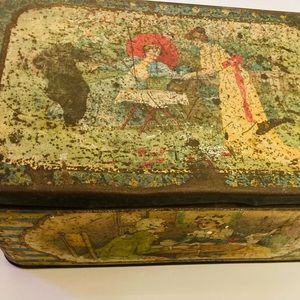 Antique Tole English biscuit tin with painted scenes from English home life